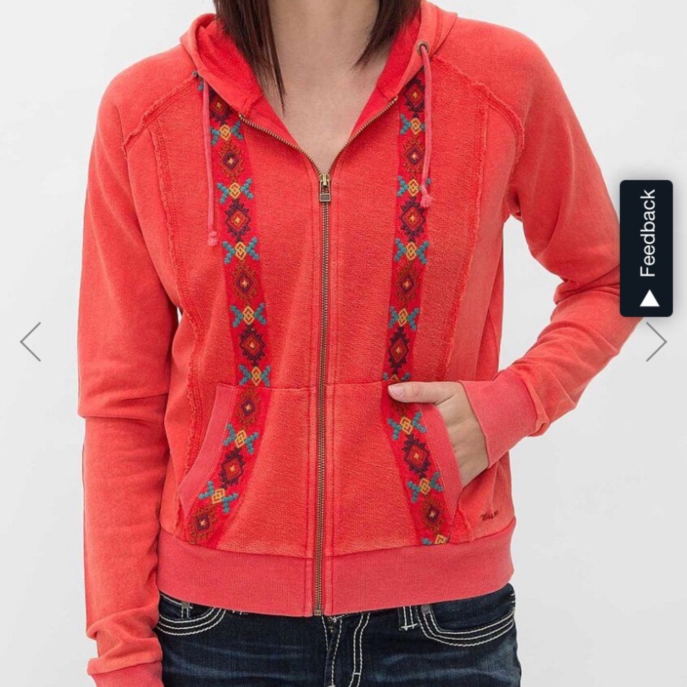 Miss Me Women’s Coral Red Southwest Embroidered Cotton Zip Front Hoodie Large